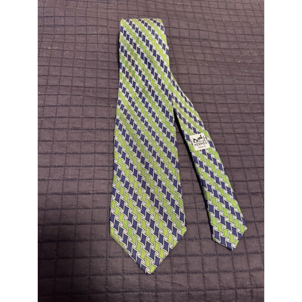 HERMES 100% Silk Tie Green And Blue #157 Vintage  Hermes For Bonwitt Teller